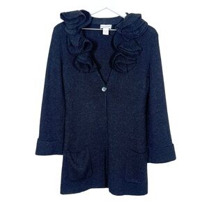 Soft Surroundings Womens Alpaca Wool Blend Ruffle Neck Cardigan Sweater Black